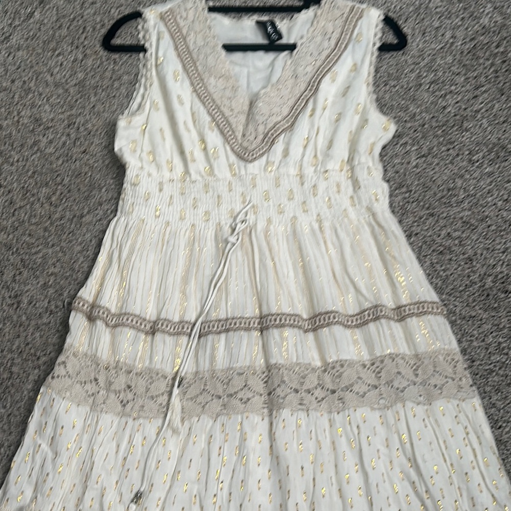 Me 2 magic Elegant ivory metallic tiered crochet Maxi Dress s xL boho vacation - Picture 12 of 16